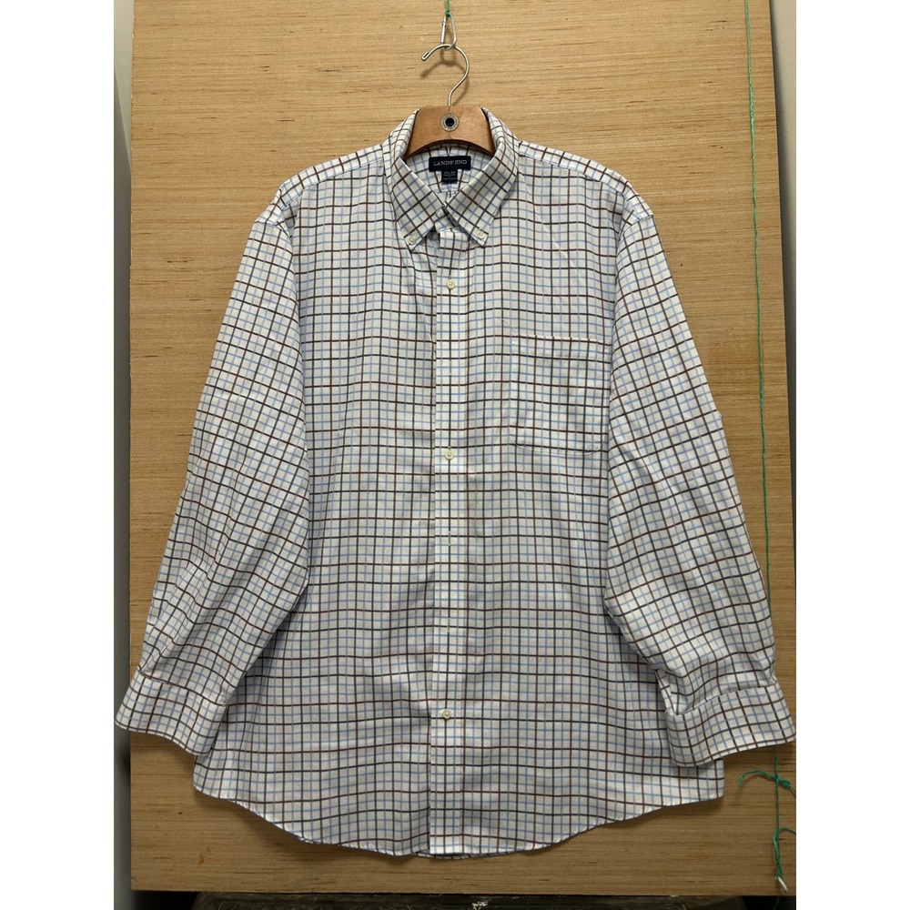 Lands End Mens 17.5 34 No Iron Supima Pinpoint Check Button Down Shirt‎